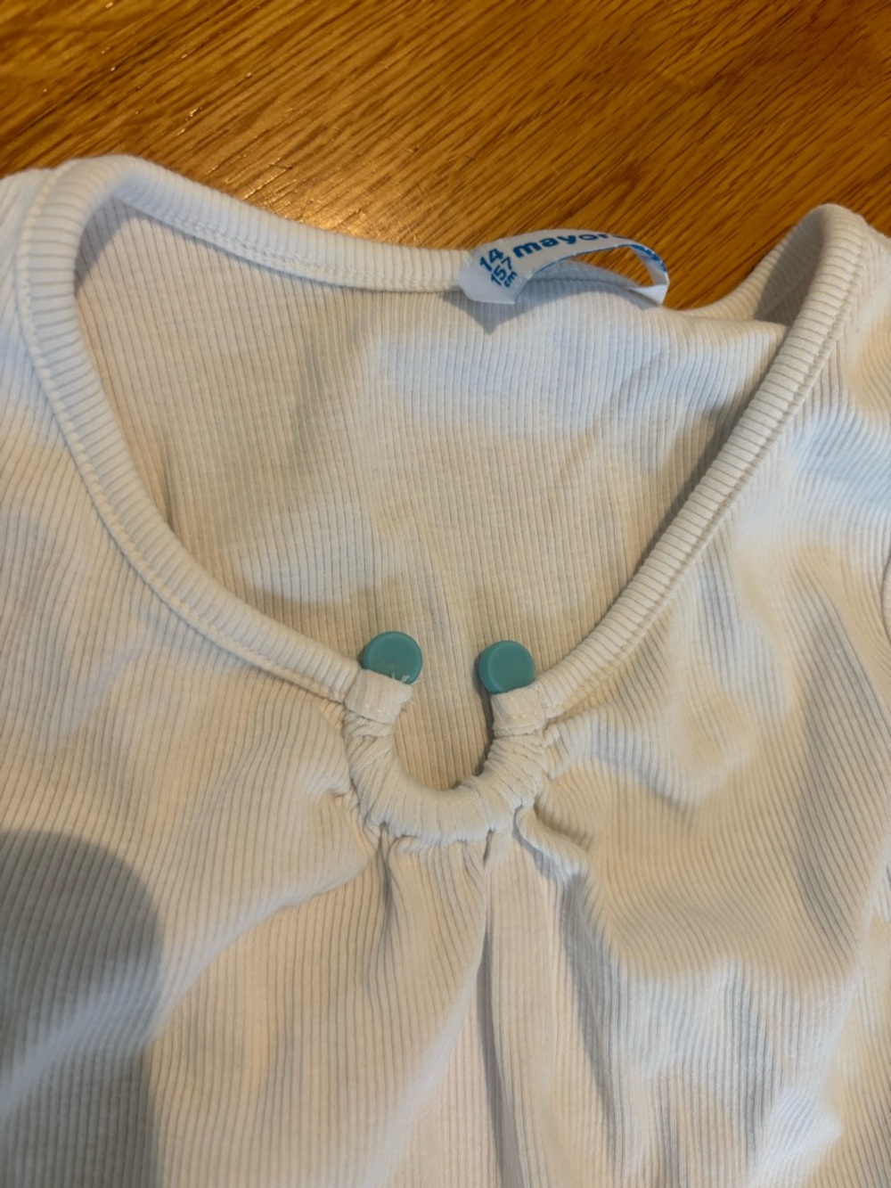 White Ribbed sleeves Top with Teal Button Accents